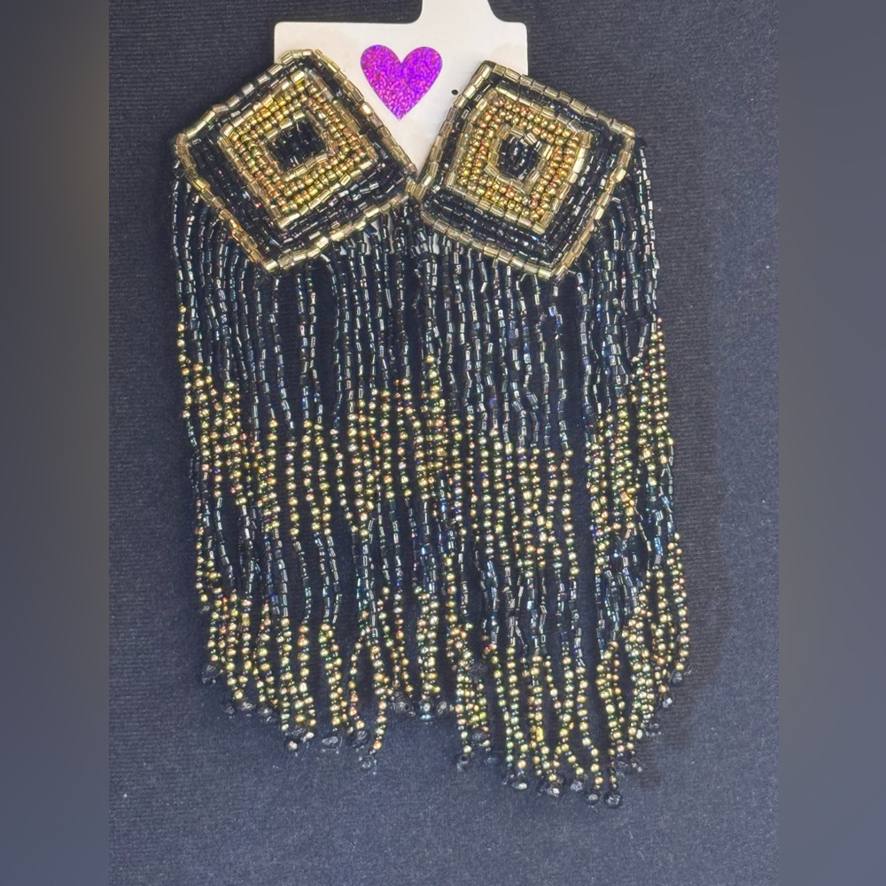 Gold and Black Seed Bead 6 Inch Dangling Earrings